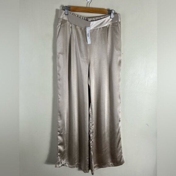 DREW By Anthropologie NWT Eva Wide Leg 90s Party Pants Baggy Satin Champagne L - Picture 3 of 15